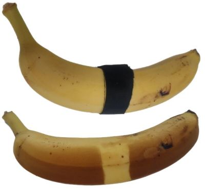 Banan przed projekcją UV-C i po, ze śladami "oparzeń"